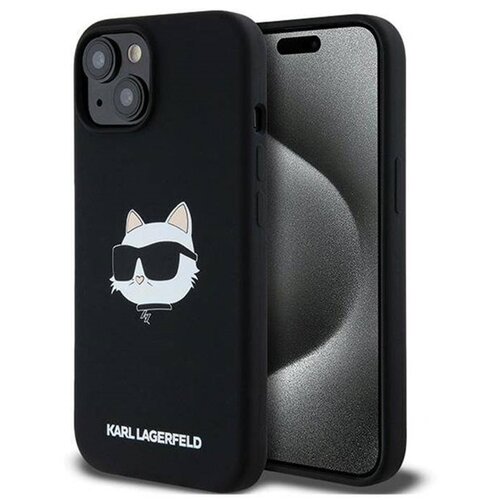 Czarne etui na telefon z nadrukiem białej postaci kota w okularach przeciwsłonecznych. Na dole etui widnieje napis "KARL LAGERFELD".