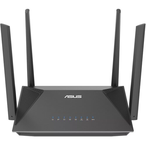 Czarny router z czterema antenami, na którego górnej powierzchni widnieje logo "ASUS". Poniżej logo znajduje się rząd niebieskich ikon i wskaźników LED.