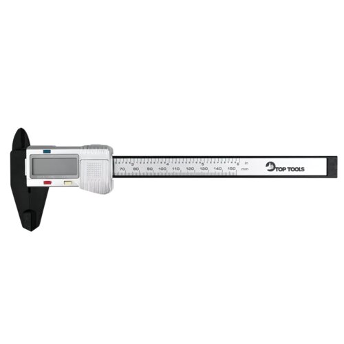 Cyfrowa suwmiarka z wyświetlaczem LCD, posiadająca skalę w milimetrach i calach, z logo "TOP TOOLS" widocznym na końcu skali. Produkt ma srebrno-czarną kolorystykę z przyciskami na obudowie wyświetlacza.
