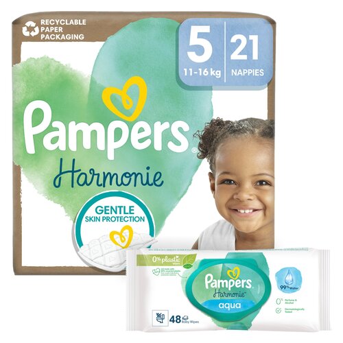 Pieluchomajtki PAMPERS Harmonie Baby 5 (21 szt.) + Chusteczki nawilżane PAMPERS Harmonie Aqua (48 szt.)