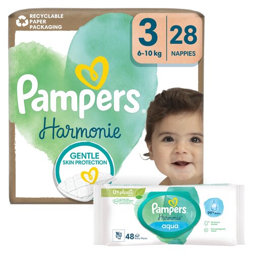 Pieluchomajtki PAMPERS Harmonie Baby 3 (28 szt.) + Chusteczki nawilżane PAMPERS Harmonie Aqua (48 szt.)