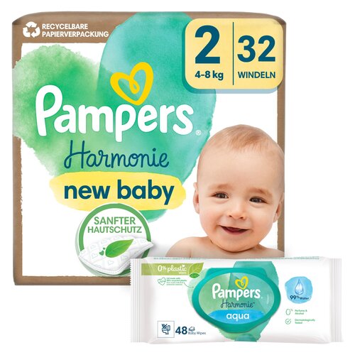 Pieluchy PAMPERS Harmonie Baby 2 (32 szt.) + Chusteczki nawilżane PAMPERS Harmonie Aqua (48 szt.)
