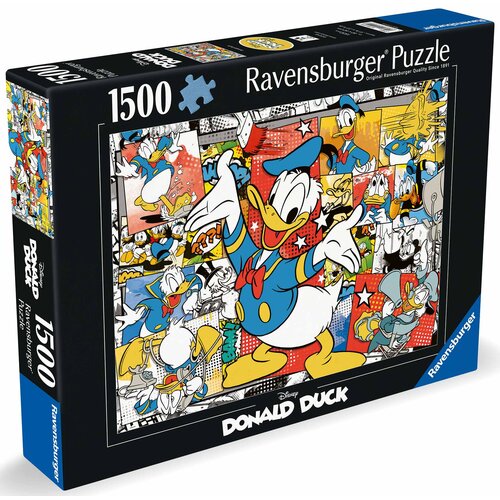 Pudełko puzzli Ravensburger z motywem Kaczora Donalda, zawierające 1500 elementów, przedstawia kolorową grafikę z postacią Kaczora Donalda w różnych pozach. Na opakowaniu widnieje napis: "Ravensburger Puzzle", "1500", "Disney Donald Duck".