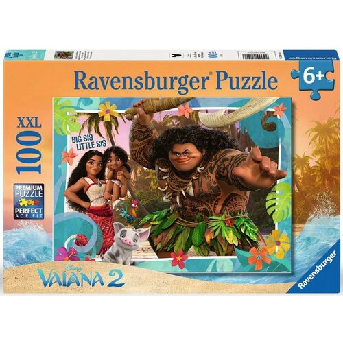Opakowanie puzzli Ravensburger z motywem z filmu "Vaiana 2" przedstawia kolorową ilustrację z postaciami z filmu oraz napisy: "Ravensburger Puzzle", "6+", "XXL 100", "Premium Puzzle Perfect Age Fit", "Big Sis Little Sis", "Disney Vaiana 2". W tle widoczne