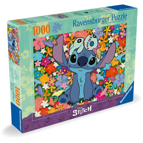 Pudełko puzzli Ravensburger z motywem Disney Stitch, zawierające 1000 elementów, przedstawia kolorowy obrazek z postacią na tle kwiatów. Na opakowaniu widnieje napis "Ravensburger Puzzle" oraz logo "Disney Stitch".