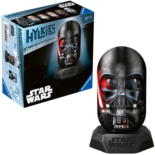 Pudełko przedstawia produkt "Hylkies Darth Vader" z serii Star Wars, zawierający 54-elementowe puzzle 3D. Na opakowaniu widnieje logo "Ravensburger" oraz napis "Star Wars".