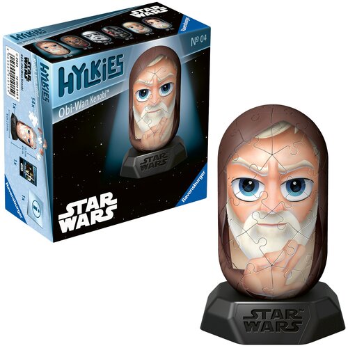 Na zdjęciu znajduje się opakowanie oraz złożony model puzzli 3D przedstawiający postać z serii Star Wars. Na opakowaniu widnieje napis "Hylkies Obi-Wan Kenobi", a poniżej logo "Star Wars" oraz "Ravensburger".