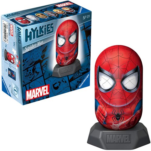 Na zdjęciu znajduje się opakowanie oraz złożony model 3D puzzli przedstawiający postać Spider-Mana. Na opakowaniu widnieją napisy: "Hylkies", "Spider-Man", "MARVEL", "Ravensburger", oraz "Nº 09".