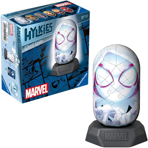 Pudełko z puzzlami 3D przedstawia produkt "Hylkies Ghost-Spider" z 54 elementami, z widocznym logo "Marvel" i "Ravensburger". Obok pudełka znajduje się złożony model puzzli w kształcie owalnym, umieszczony na podstawce z napisem "MARVEL".