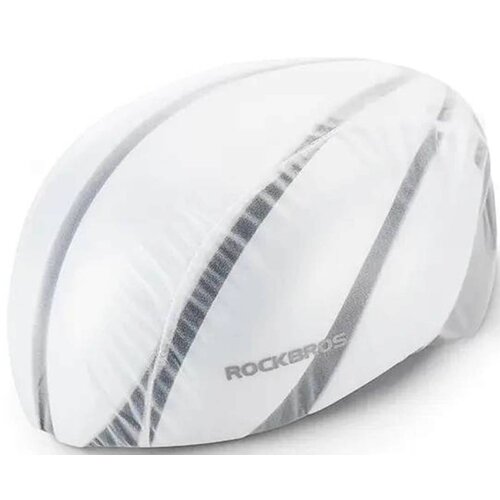 Biały pokrowiec przeciwdeszczowy z szarymi paskami, na którym widnieje napis "ROCKBROS". Pokrowiec ma opływowy kształt i jest przeznaczony do ochrony kasku rowerowego.