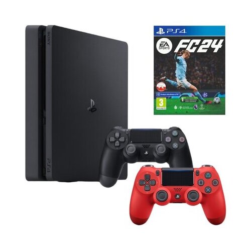 Konsola SONY PlayStation 4 Slim 500GB + EA SPORTS FC 24 Gra PS4 (Kompatybilna z PS5) + Kontroler SONY DualShock 4 V2 Czerwony