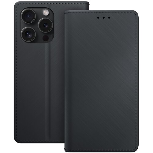 Czarne etui na telefon z klapką, wykonane z materiału o delikatnej fakturze, widoczne z przodu i z tyłu. Na tylnej części etui znajdują się wycięcia na aparat i lampę błyskową.