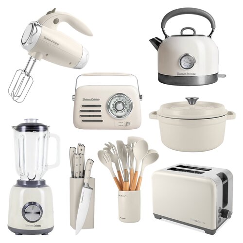 Kremowy zestaw VINTAGE CUISINE (Przybory kuchenne VC2KUS20CR11CP (7 elementów) + Noże kuchenne ze stojakiem (7 elementów) + Garnek VC2P2619BF20CP 26 cm + Blender kielichowy Retro VC1TBL23CR11CP + Mikser ręczny Retro + Toster Retro Chromowany + Radio Chrom)