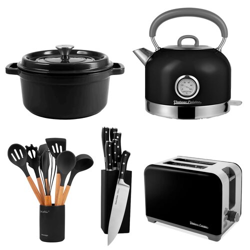 Czarny zestaw VINTAGE CUISINE (Przybory kuchenne VC2KUS20BL11CP (7 elementów) + Noże kuchenne ze stojakiem (7 elementów) + Garnek VC2P2619BF20CP 26 cm + Czajnik Retro + Toster Retro Chromowany)