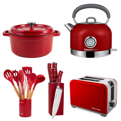 Czerwony zestaw VINTAGE CUISINE (Noże kuchenne ze stojakiem (7 elementów) + Przybory kuchenne VC2KUS20RD11CP (7 elementów) + Garnek VC2P2619BF20CP 26 cm + Czajnik Retro + Toster Retro Chromowany)