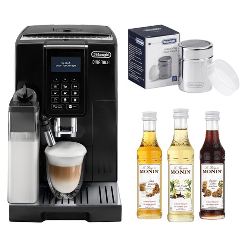 Ekspres DELONGHI Dinamica ECAM 353.75.B + Pojemnik na kakao DELONGHI DLSC061 + Zestaw syropów do kawy MONIN Mini Set 3 x 50 ml