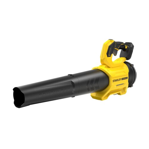 Na zdjęciu znajduje się żółto-czarna dmuchawa do liści z widocznym napisem "STANLEY FATMAX" na obudowie. Produkt ma ergonomiczny uchwyt i długi, czarny wylot powietrza z napisem "BRUSHLESS".