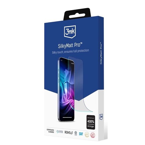 Opakowanie produktu "3mk SilkyMatt Pro" z grafiką przedstawiającą telefon z nałożoną folią ochronną. Na opakowaniu widnieje tekst: "Silky touch, ensures full protection" oraz informacja "Your screen up to 400% stronger".