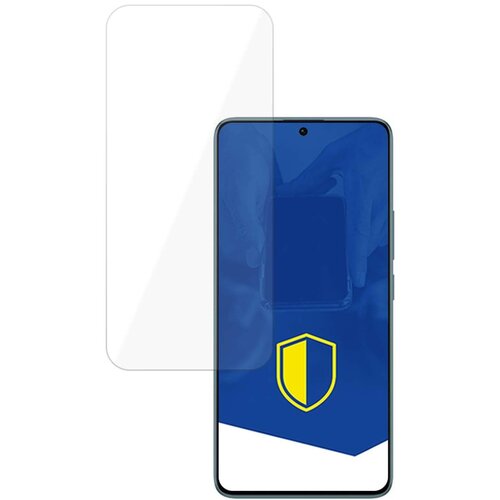 Na zdjęciu widoczne jest szkło hartowane przeznaczone do telefonu Xiaomi Redmi Note 13 Pro 5G, obok którego znajduje się telefon z niebieskim ekranem i żółtym symbolem tarczy. Produkt jest przedstawiony na białym tle.