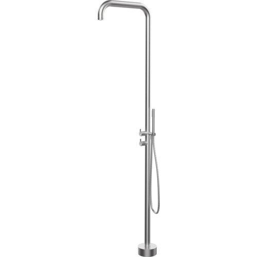 Zestaw prysznicowy podłogowy wykonany ze stali szczotkowanej, z deszczownicą i wężem prysznicowym, o minimalistycznym designie. Produkt ma gładką, metaliczną powierzchnię i prostą konstrukcję.