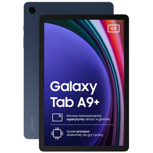 Tablet w kolorze niebieskim z wyświetlaczem o przekątnej 11 cali, na ekranie widoczny jest tekst: "Galaxy Tab A9+", "Kinowe doświadczenia: superpłynny obraz i 4 głośniki", "Szybki procesor doskonały do gry i pracy". Na obudowie znajduje się logo "SAMSUNG"