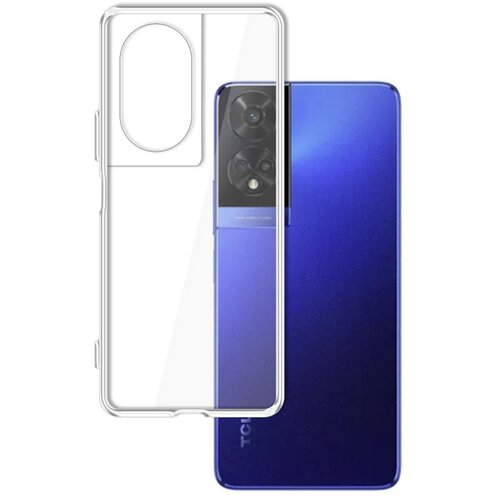 Przezroczyste etui 3MK Clear Case jest umieszczone obok niebieskiego smartfona TCL 50 5G, na którym widoczny jest napis "TCL" w dolnej części obudowy. Etui ma wycięcie na aparat, a telefon ma trzy obiektywy w górnej części.