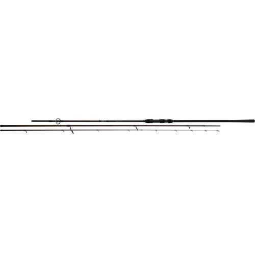 Zdjęcie przedstawia trzy segmenty wędki w ciemnym kolorze, ułożone równolegle do siebie. Na środkowym segmencie widoczny jest napis "MIKADO Katsudo Slim Distance Feeder 3.60m / 0-120g".