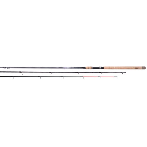 Zdjęcie przedstawia trzy segmenty wędki wędkarskiej o nazwie "Wędka MIKADO Ultraviolet Method Feeder 3.50m / 20-90g". Wędka ma uchwyt z jasnego korka, a na jednym z segmentów widoczny jest napis "MIKADO".