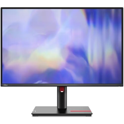 Monitor z cienkimi ramkami wyświetla abstrakcyjny, kolorowy obraz w odcieniach fioletu, niebieskiego i żółtego. Na dolnej ramce widoczny jest napis "ThinkVision".