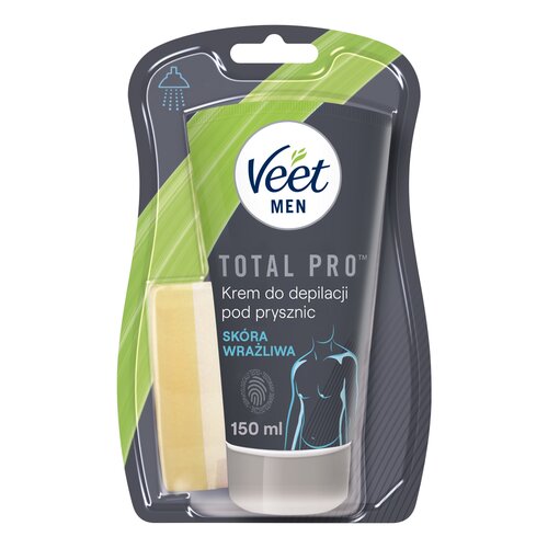 Opakowanie zawiera krem do depilacji pod prysznic "Veet Men Total Pro" o pojemności 150 ml oraz gąbkę. Na opakowaniu widnieje napis: "Skóra wrażliwa".