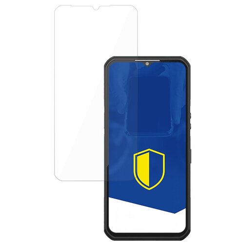 Przedstawione zdjęcie ukazuje szkło hybrydowe obok smartfona z niebieskim ekranem, na którym widnieje żółto-niebieska tarcza. Produkt to "Szkło hybrydowe 3MK FlexibleGlass do Oukitel WP39".