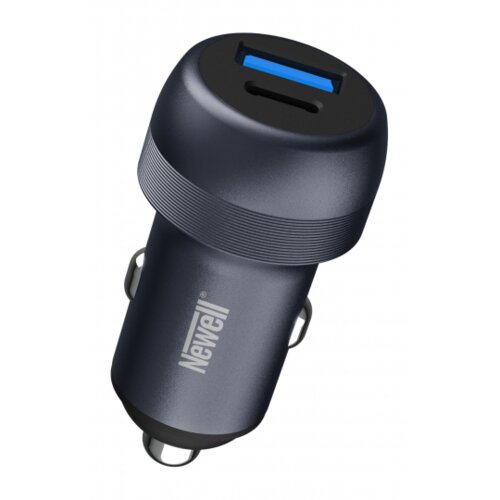 Czarna ładowarka samochodowa z dwoma portami USB, jednym niebieskim i jednym czarnym, oraz widocznym logo "Newell" na obudowie. Produkt ma metaliczne wykończenie i jest przeznaczony do gniazda zapalniczki samochodowej.