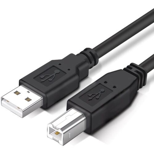 Czarny kabel USB z wtykami USB-A i USB-B, z widocznymi symbolami USB na obu końcówkach. Produkt to "Kabel USB-A - USB-B MONTIS MT050 1.8 m".