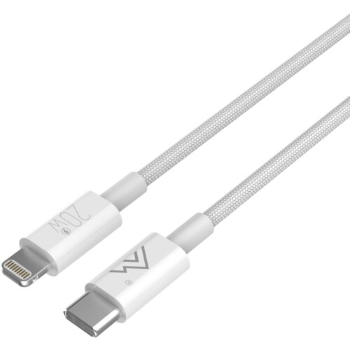 Na zdjęciu znajduje się kabel USB-C - Lightning o długości 1 metra z plecionym oplotem, z widocznymi złączami. Na jednym z końców kabla widnieje logo producenta oraz oznaczenie "20W".