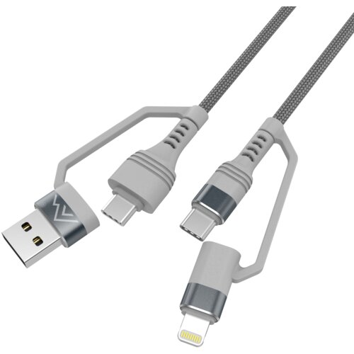 Na zdjęciu znajduje się szary kabel z trzema różnymi końcówkami: USB-A, USB-C i Lightning, z plecionym oplotem. Na wtyczce USB-A widoczne jest logo w kształcie litery "V".