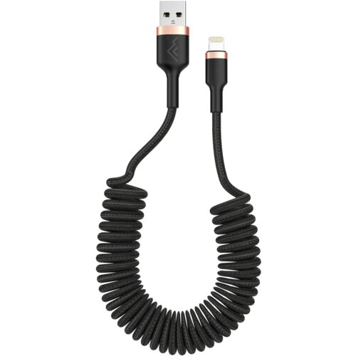 Czarny, spiralny kabel USB-A do Lightning o długości 1,5 metra z widocznym logo producenta na obu końcówkach. Końcówki kabla mają metaliczne wykończenie w kolorze miedzianym.