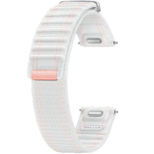 Różowo-biały pasek do zegarka z tkaniny, z widocznymi przeszyciami i metalowymi zapięciami, oznaczony napisem "20mm | S/M". Produkt przeznaczony do Galaxy Watch 7/6/5/4.