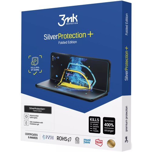Niebieskie opakowanie produktu z logo "3mk Protection" zawiera grafikę przedstawiającą telefon z nałożoną folią ochronną, z efektem wizualnym pokazującym jej przezroczystość i ochronę. Na opakowaniu widnieją napisy: "SilverProtection+ Folded Edition", "Ki