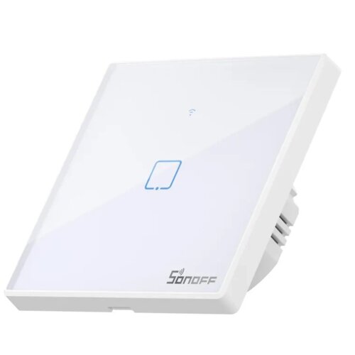 Biały, kwadratowy włącznik światła z niebieskim symbolem dotykowym na środku oraz logo "Sonoff" w dolnym rogu. Na górze widoczna jest ikona sygnału WiFi.