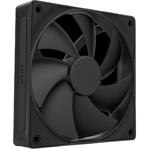 Czarny wentylator komputerowy z siedmioma łopatkami, umieszczony w kwadratowej obudowie z widocznym logo "NZXT" na ramce. W rogach obudowy znajdują się otwory montażowe.