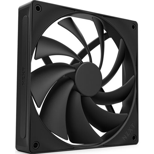 Czarny wentylator komputerowy z siedmioma łopatkami, umieszczony w kwadratowej obudowie z widocznym logo "NZXT" na ramce. Produkt ma minimalistyczny design z gładkimi powierzchniami i zaokrąglonymi krawędziami.