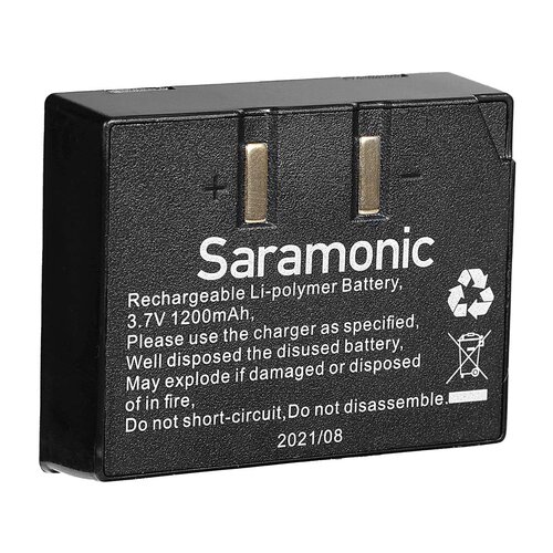 Czarny akumulator z widocznym logo "Saramonic" oraz tekstem: "Rechargeable Li-polymer Battery, 3.7V 1200mAh, Please use the charger as specified, Well disposed the disused battery, May explode if damaged or disposed of in fire, Do not short-circuit, Do no