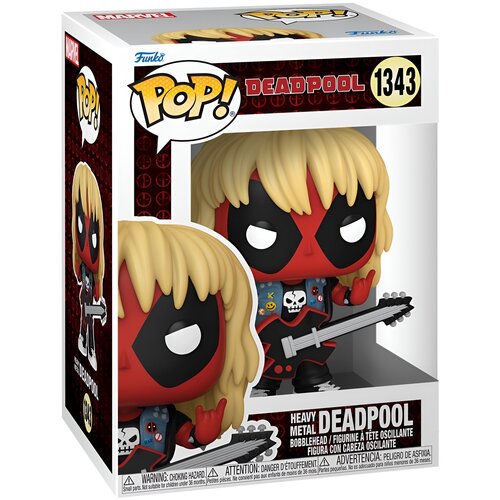 Pudełko z figurką przedstawiającą postać Deadpoola w stylu metalowym, z długimi blond włosami i gitarą, z widocznymi napisami: "POP!", "DEADPOOL", "1343", "HEAVY METAL", oraz ostrzeżeniem o ryzyku zadławienia. Na opakowaniu znajdują się również logotypy M