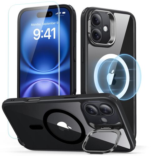 Etui ESR Classic Hybrid Kickstand HaloLock MagSafe + Tempered Glass do Apple iPhone 16 Plus Przezroczysto-czarny