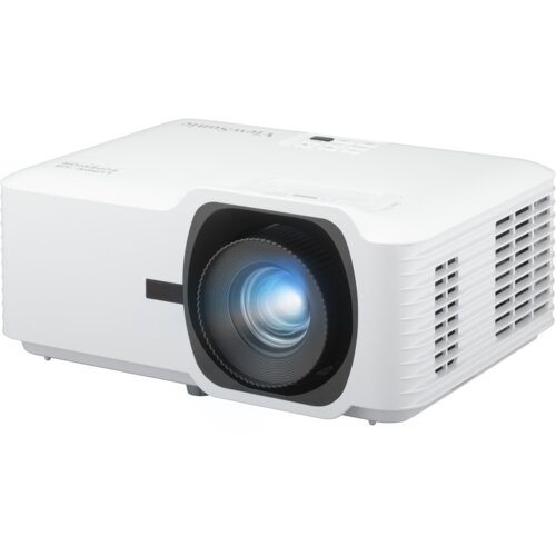 Biały projektor z widocznym obiektywem, na którym świeci niebieskie światło. Na obudowie znajduje się napis "ViewSonic" oraz "Luminous Superior".