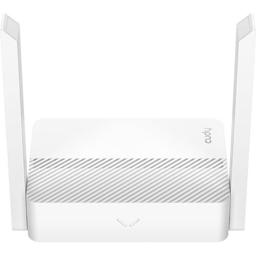 Biały router z dwiema pionowymi antenami, posiadający na górnej powierzchni skośne żłobienia oraz logo "cudy". Na przedniej części urządzenia widoczny jest symbol w kształcie litery "V".