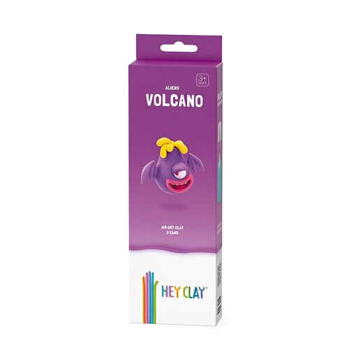 Fioletowe opakowanie z napisem "ALIENS VOLCANO" oraz grafiką fioletowego stworka z żółtymi elementami. Na dole opakowania znajduje się logo "HEY CLAY" z kolorowymi paskami.