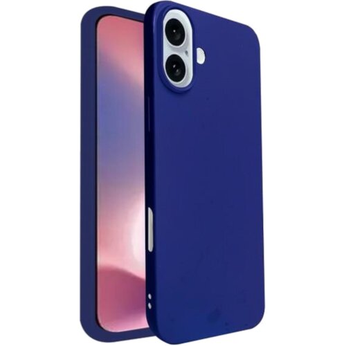 Na zdjęciu widoczne jest granatowe etui na telefon z dwoma otworami na aparaty oraz przyciskiem bocznym. W tle widać ekran telefonu z gradientowym tłem w odcieniach różu i fioletu.