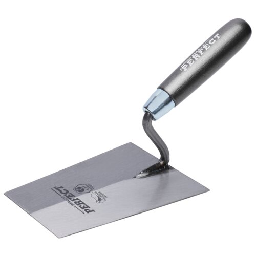 Na zdjęciu znajduje się trapezowa kielnia z metalowym ostrzem i czarną rączką, na której widnieje napis "PERFECT". Na ostrzu znajduje się logo oraz napisy "STALCO PERFECT" i "S-73076".