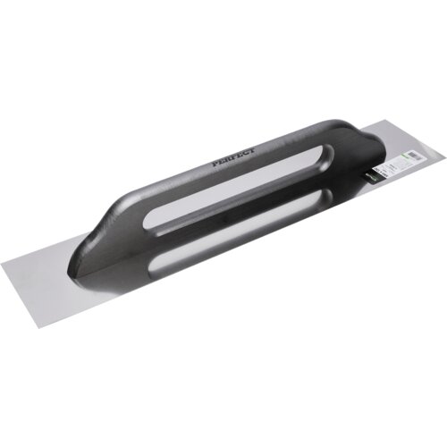 Na zdjęciu znajduje się paca z metalową powierzchnią i ergonomicznym uchwytem, na którym widnieje napis "PERFECT". Obok uchwytu znajduje się etykieta z kodem kreskowym i informacjami o produkcie.